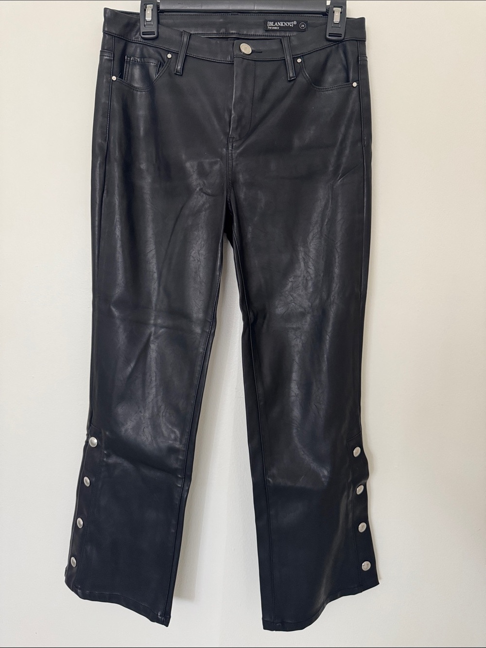Blank NYC Black Faux Leather Cropped Snap-Hem Pants